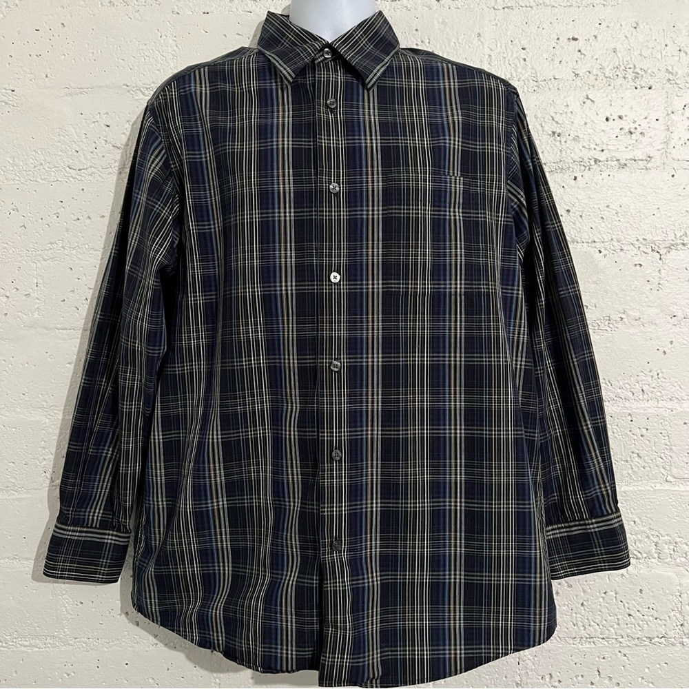 5/$25 Crazy Horse Claiborne Mens Button Up Shirt L Blue Plaid Long Sleeve Cotton
